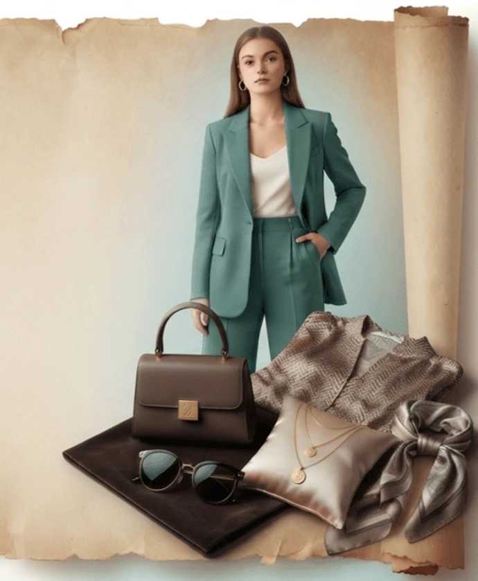 a confident women wearing green pant coat dress