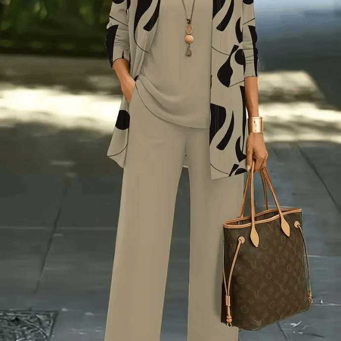 3pcs Women's Set: Abstract Print Cardigan with Vest Top and Elegant Casual Pants