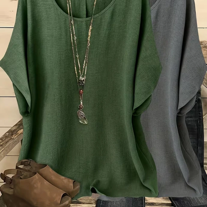 Women's Casual Vacation Solid Color Round Neck Batwing Sleeve