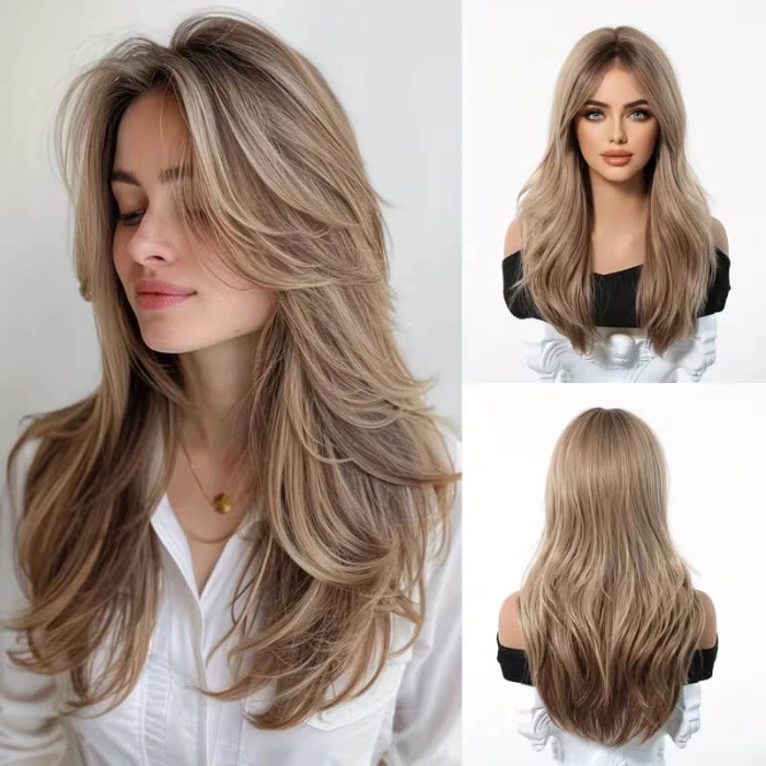 A collage showing a stylish woman wearing a long, layered ash-blonde wig with curtain bangs, alongside front and back views of the same wig on a mannequin head.