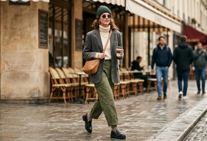 Woman wearing women's trendy fashion clothing outfit